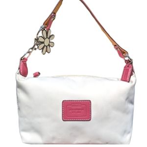 Coach White Nylon Side Stripe Baguette Mini Purse "EST 1941" & Pink Leather Trim